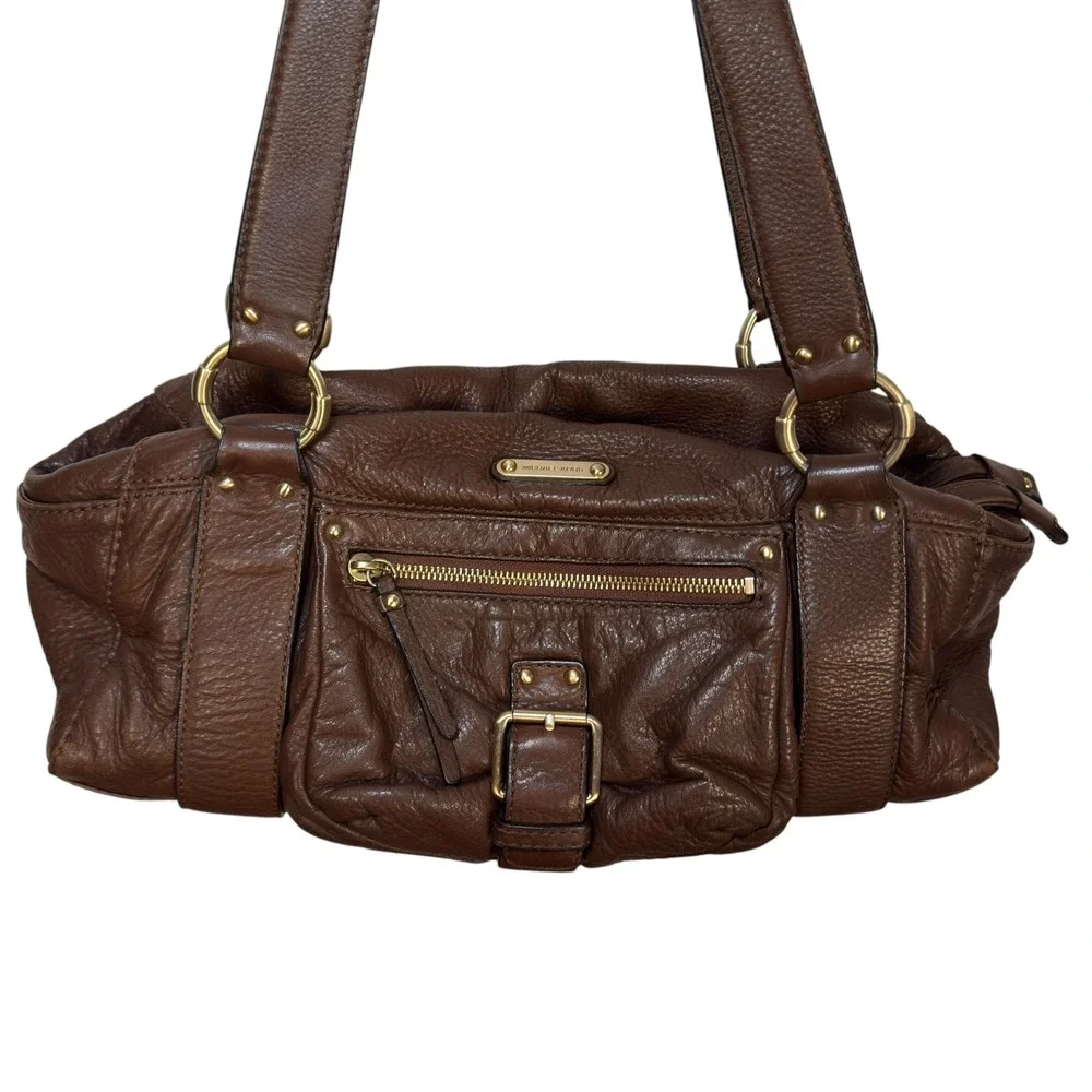 Michael Kors Shoulder Bag Medium Brown Pebbled Leather Gold Buckle Boho Chic